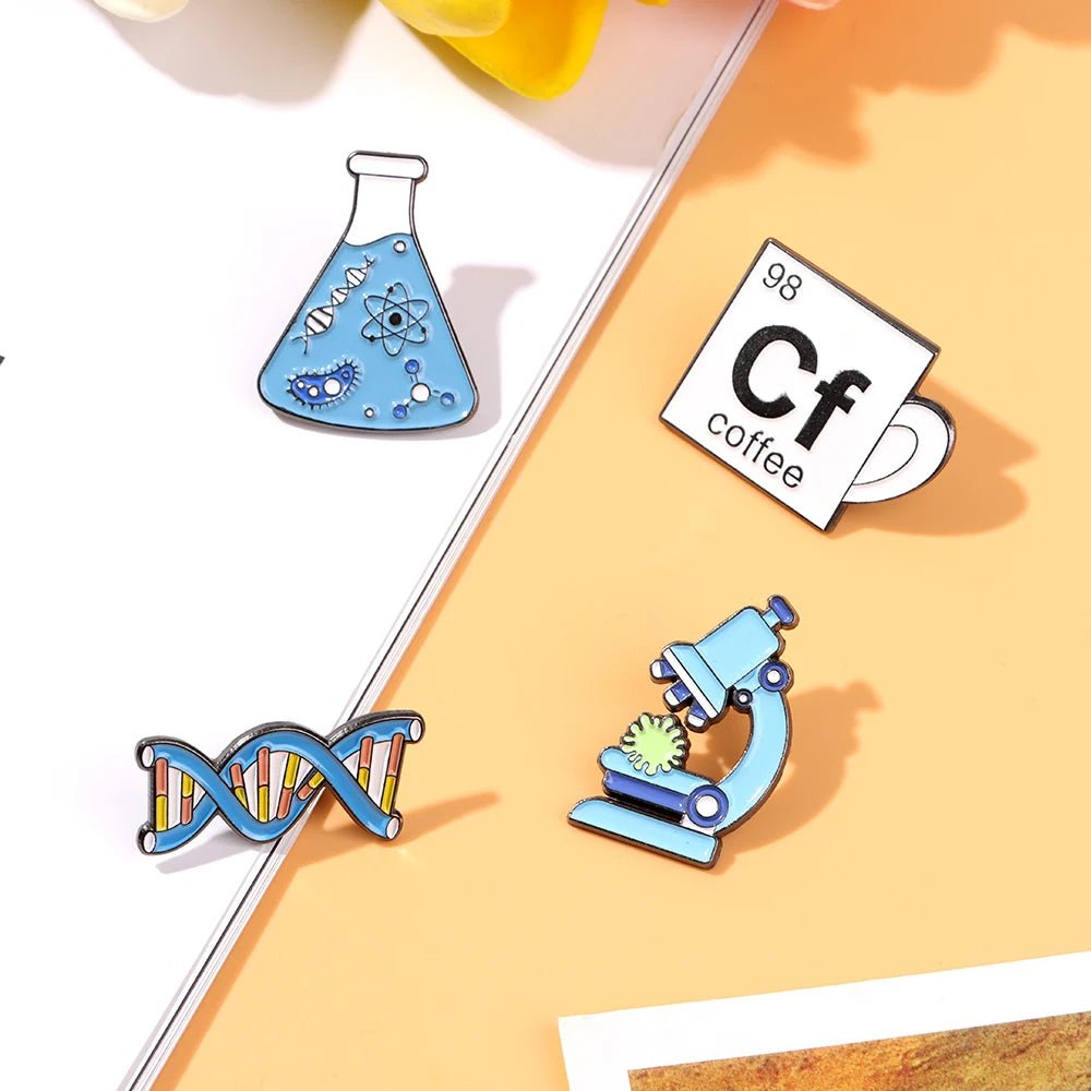 Chemistry Lab Enamel Pins — Beaker, Microscope & Molecule Badges for Science Lovers