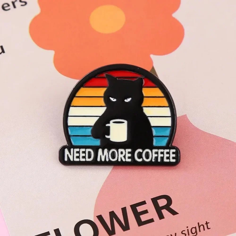 Funny Coffee Black Cat Enamel Pin — Cartoon Animal Badge for Backpacks
