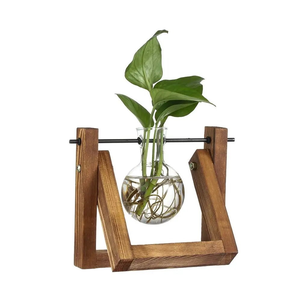 Wooden Frame Glass Vase Terrarium — Vintage Hydroponic Plant Stand for Home & Office