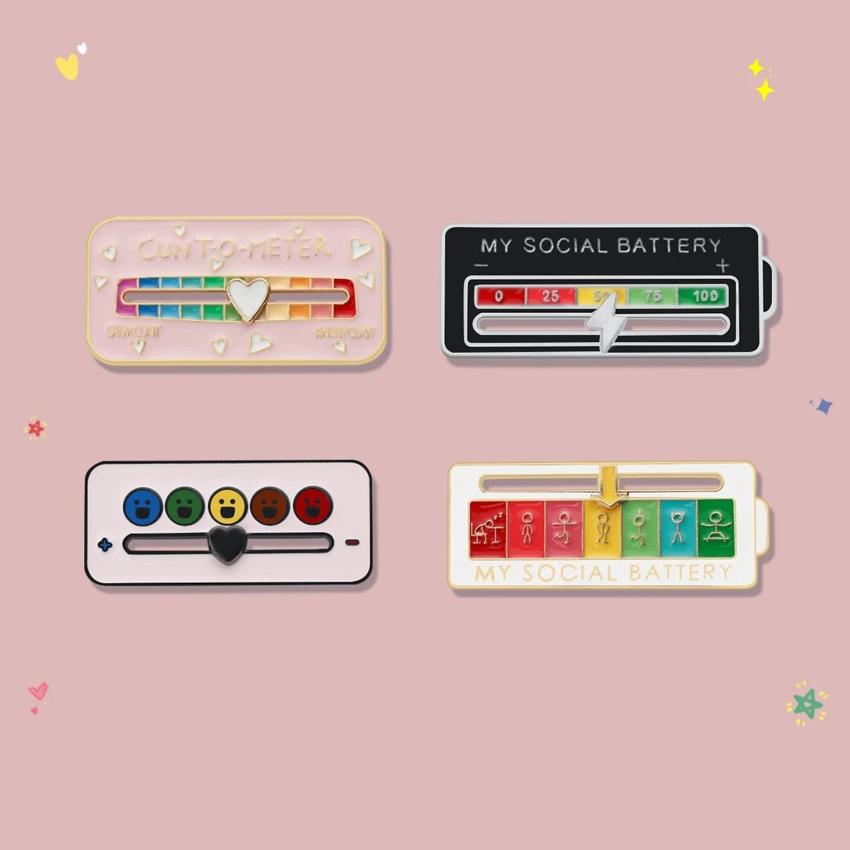 Social Battery Mood Tracker Enamel Pins — Emotions & Mental Health Badge Set