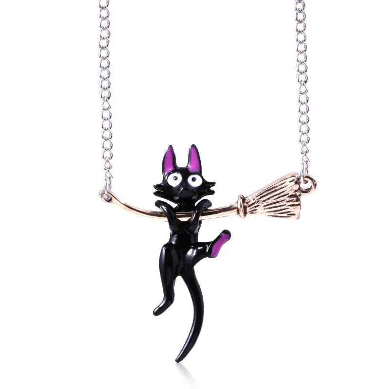 Black Cat on Broomstick Necklace