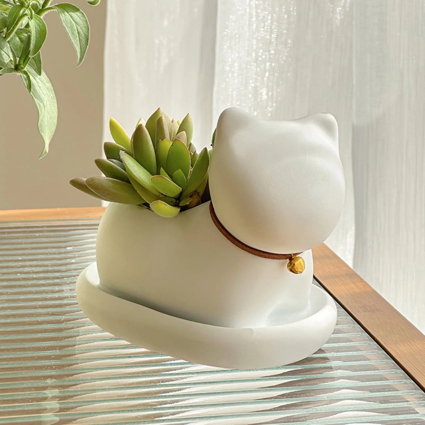 Cute Cat Ceramic Planter — Desktop Succulent Pot for Home Décor