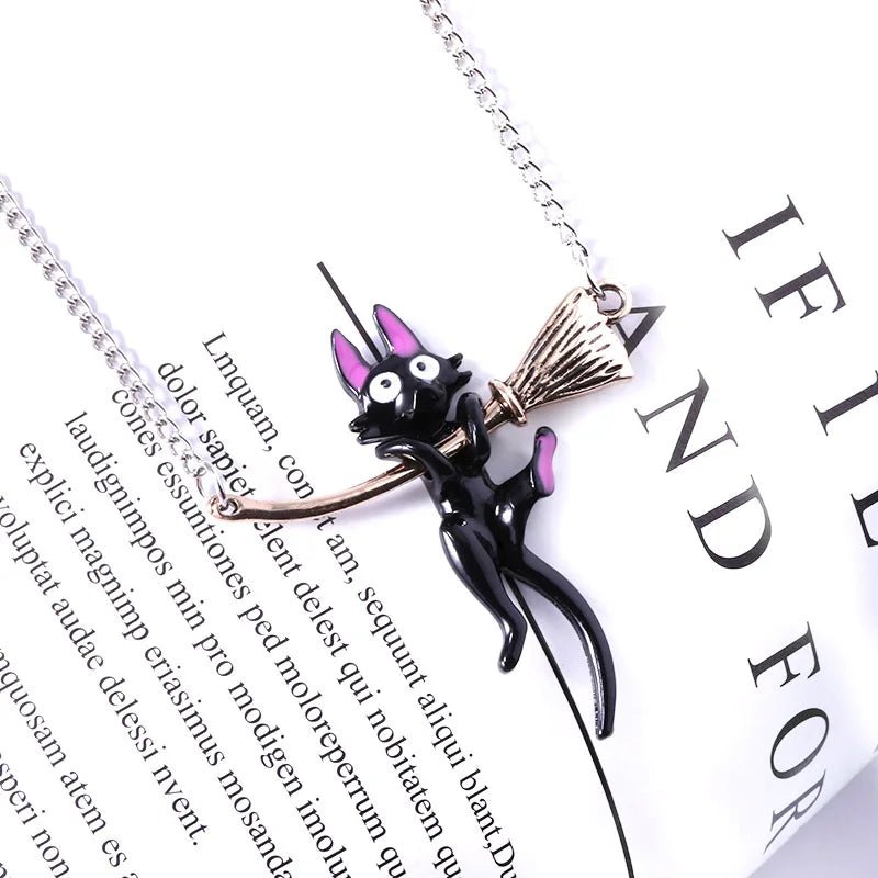 Black Cat on Broomstick Necklace