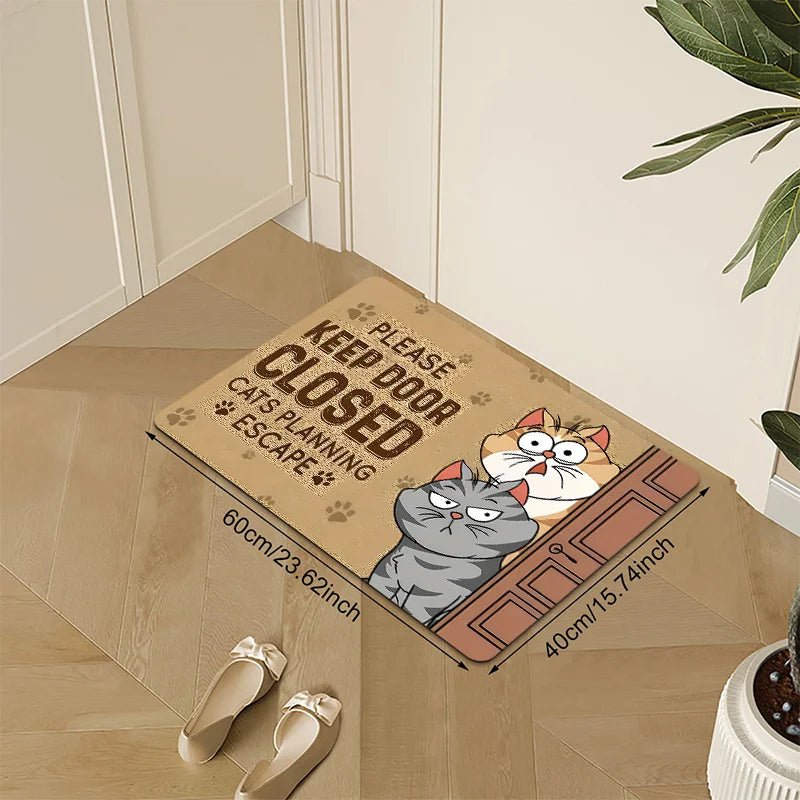 "Please Keep Door Closed, Cat Planning to Escape" Doormat — Non-Slip Polyester Mat