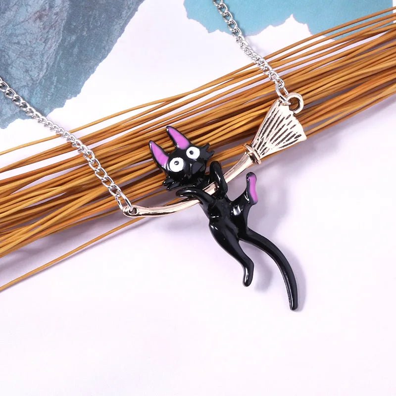 Black Cat on Broomstick Necklace