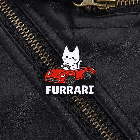 Supercar Cat Enamel Pin — White Cat Driving Sports Car Badge