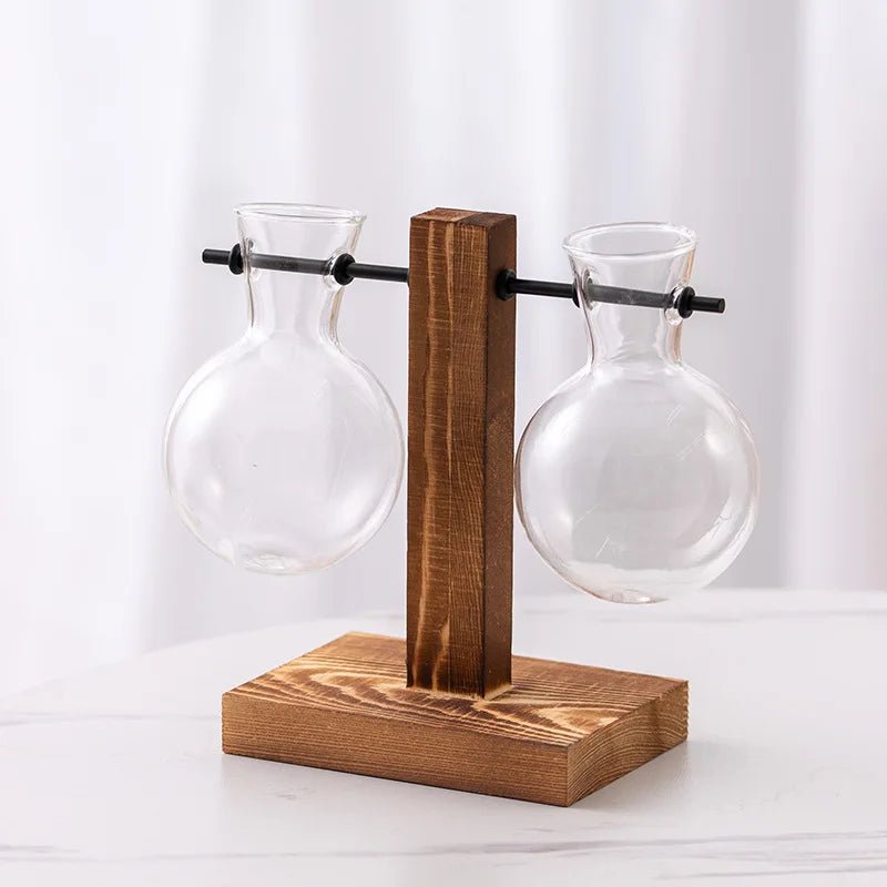 Hydroponic Glass Bulb Terrarium with Wooden Stand — Retro Air Plant Holder for Home & Office
