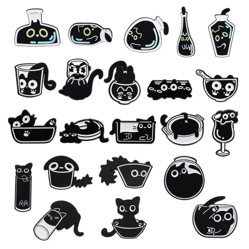 Cat and Cup Enamel Pin Set — Black Cat Badge Collection (5/10/20pcs)