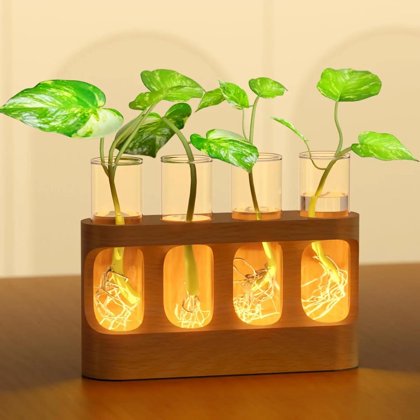 LED Plant Propagation Station — Wooden Stand with 4 Glass Test Tubes & Adjustable Grow Light