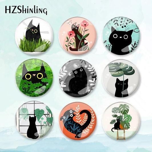 Cat and Plant Badge Brooch — Green Plants & Cats Pin for Backpacks