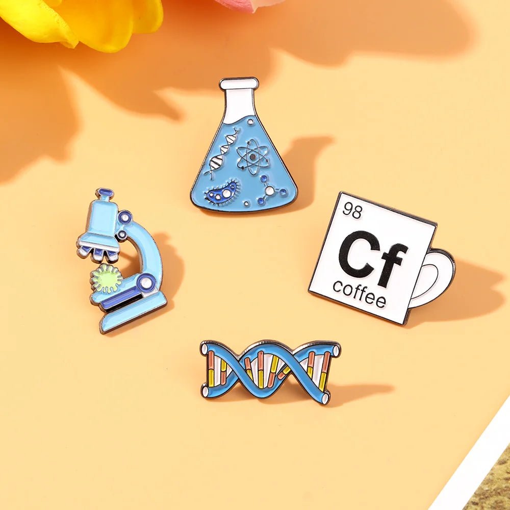 Chemistry Lab Enamel Pins — Beaker, Microscope & Molecule Badges for Science Lovers