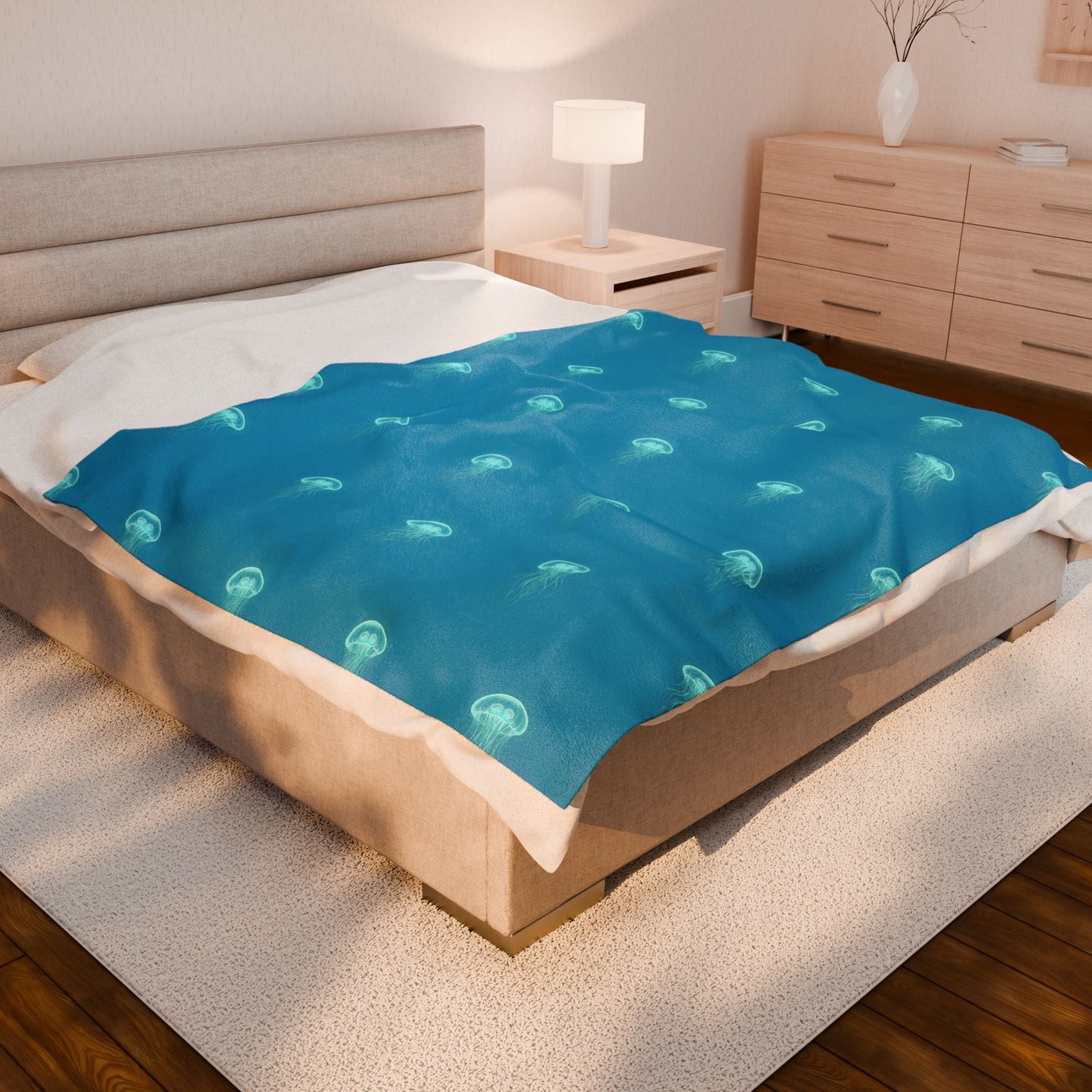Bioluminescent Jellyfish Blanket | neon teal deep - sea aesthetic - Atlas of Imaginary Worlds