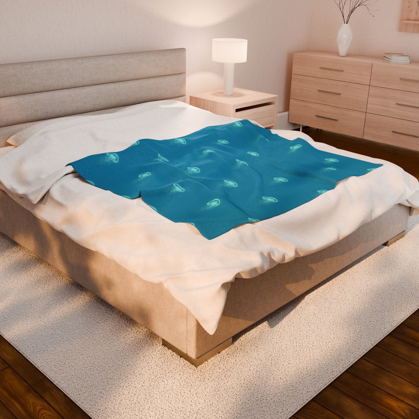Bioluminescent Jellyfish Blanket | neon teal deep - sea aesthetic - Atlas of Imaginary Worlds