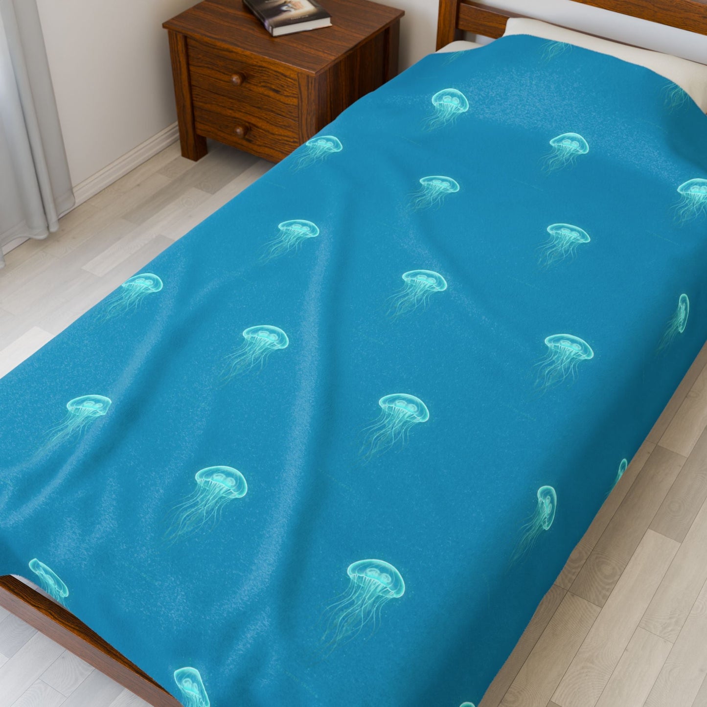 Bioluminescent Jellyfish Blanket | neon teal deep - sea aesthetic - Atlas of Imaginary Worlds