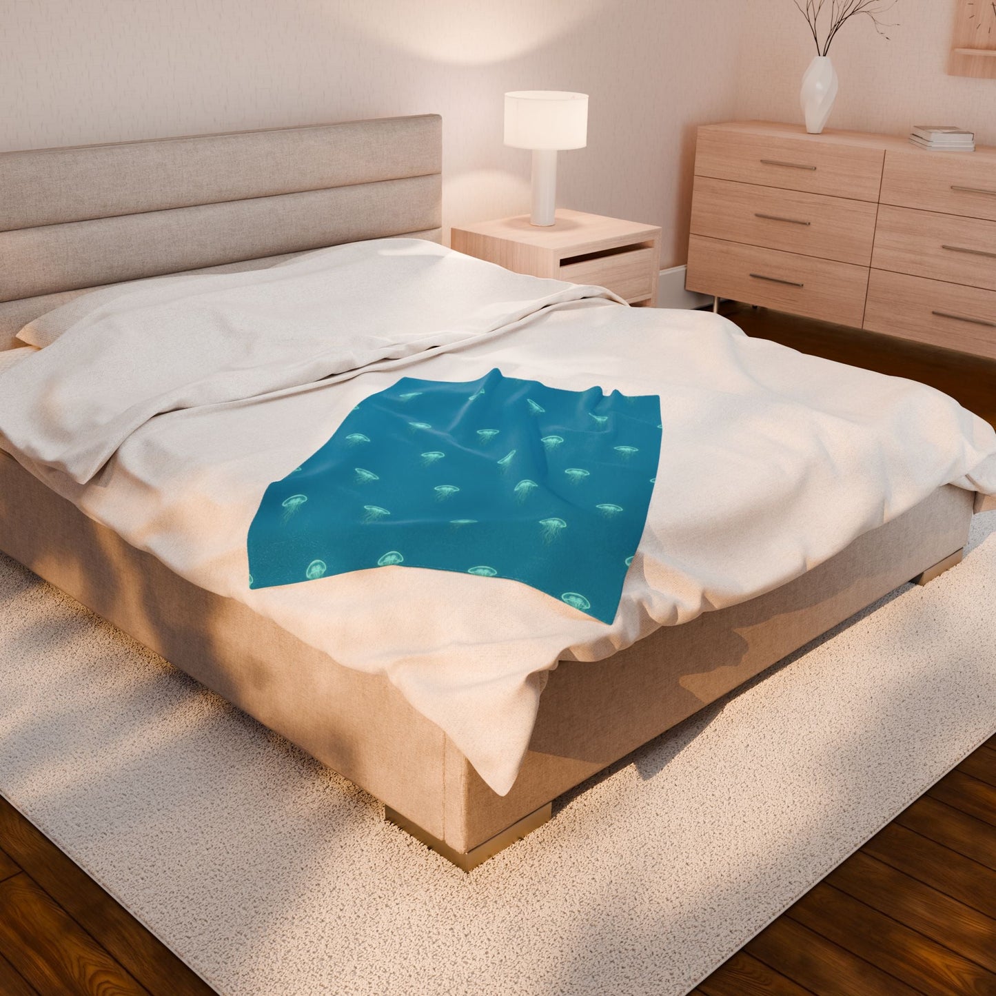 Bioluminescent Jellyfish Blanket | neon teal deep - sea aesthetic - Atlas of Imaginary Worlds