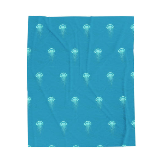 Bioluminescent Jellyfish Blanket | neon teal deep - sea aesthetic - Atlas of Imaginary Worlds