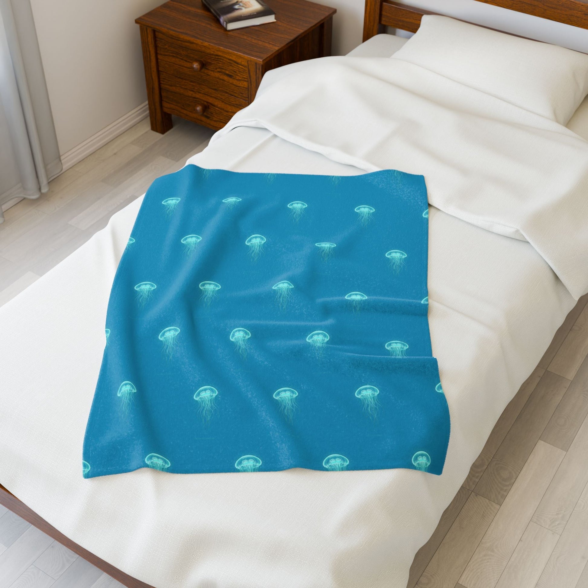 Bioluminescent Jellyfish Blanket | neon teal deep - sea aesthetic - Atlas of Imaginary Worlds