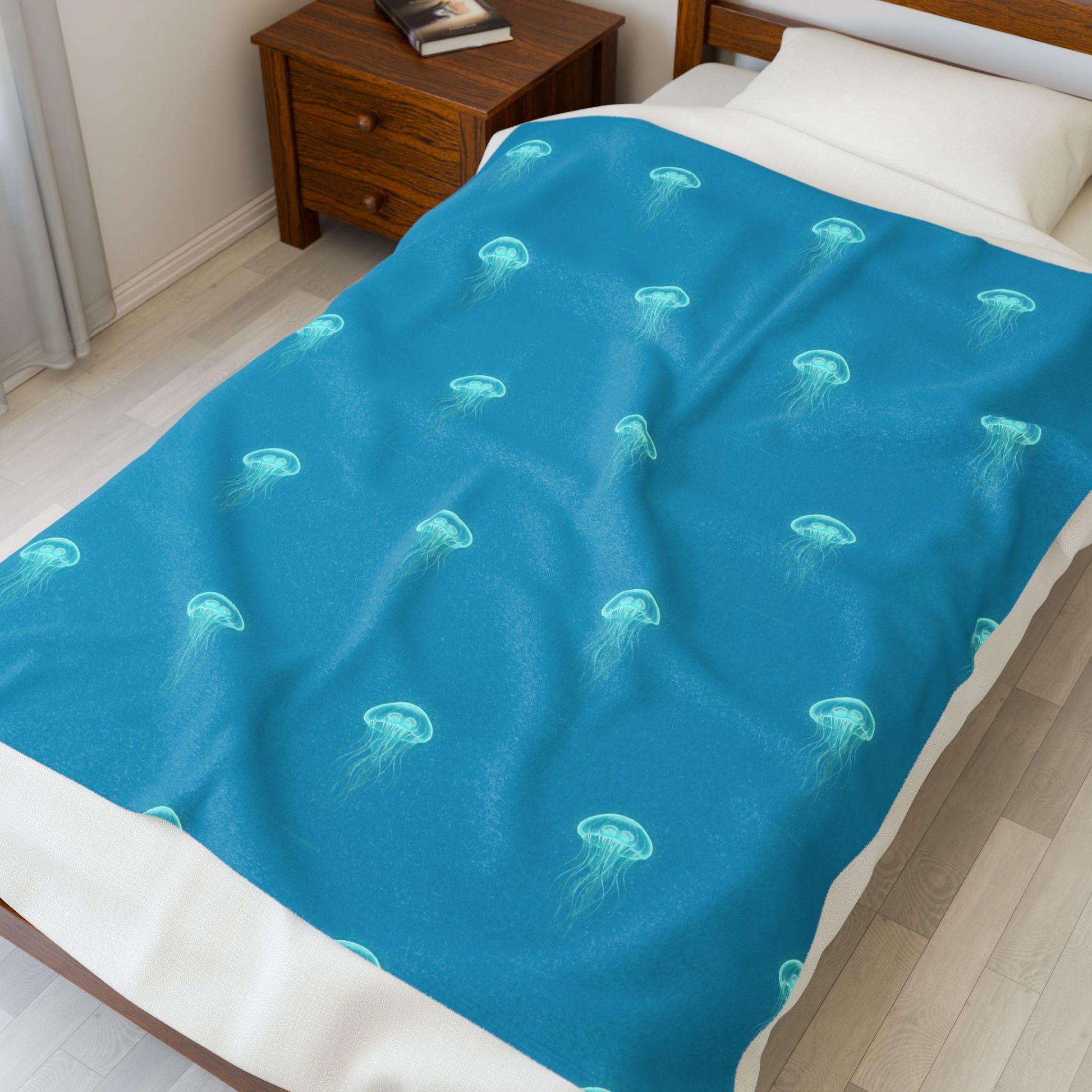 Bioluminescent Jellyfish Blanket | neon teal deep - sea aesthetic - Atlas of Imaginary Worlds