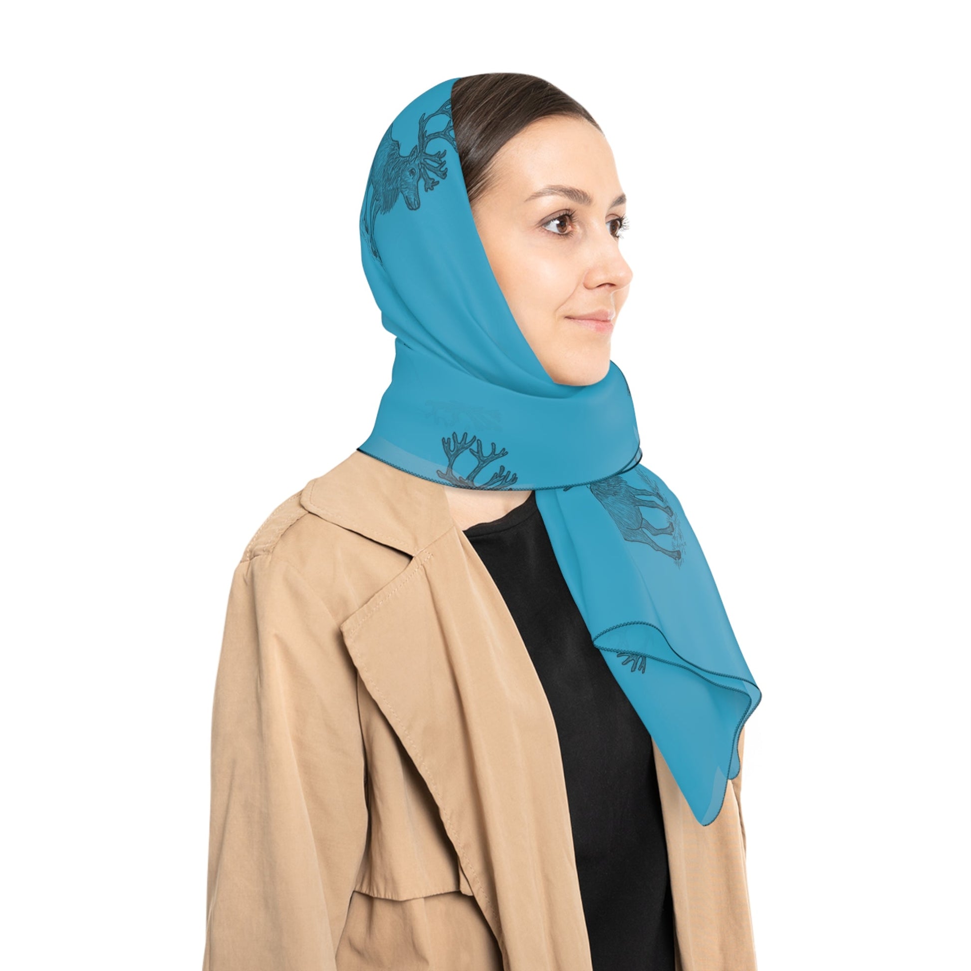 Caribou Pattern Polyester Scarf — Lightweight Blue Neck Wrap - Atlas of Imaginary Worlds