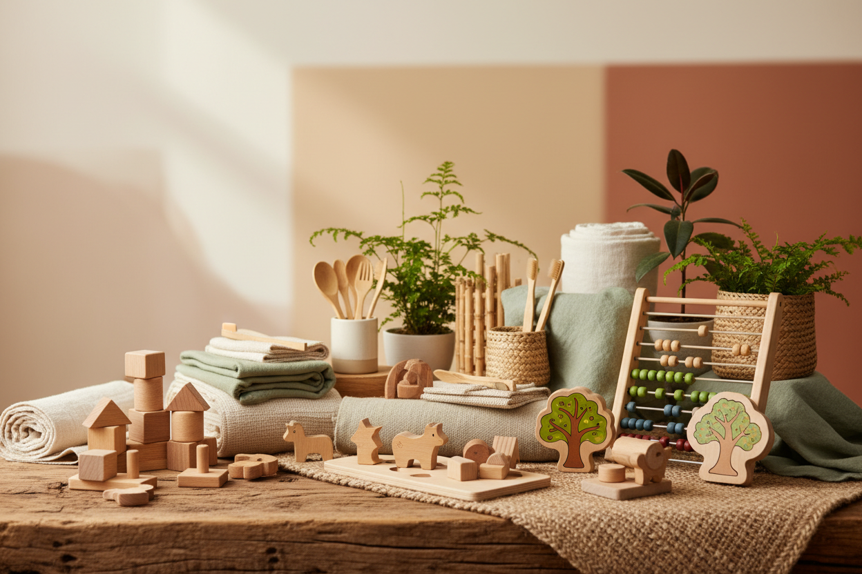 create a banner picture for eco-friendly and sustainable category of products. Think natural colours, wooden toys, natural materials, etc