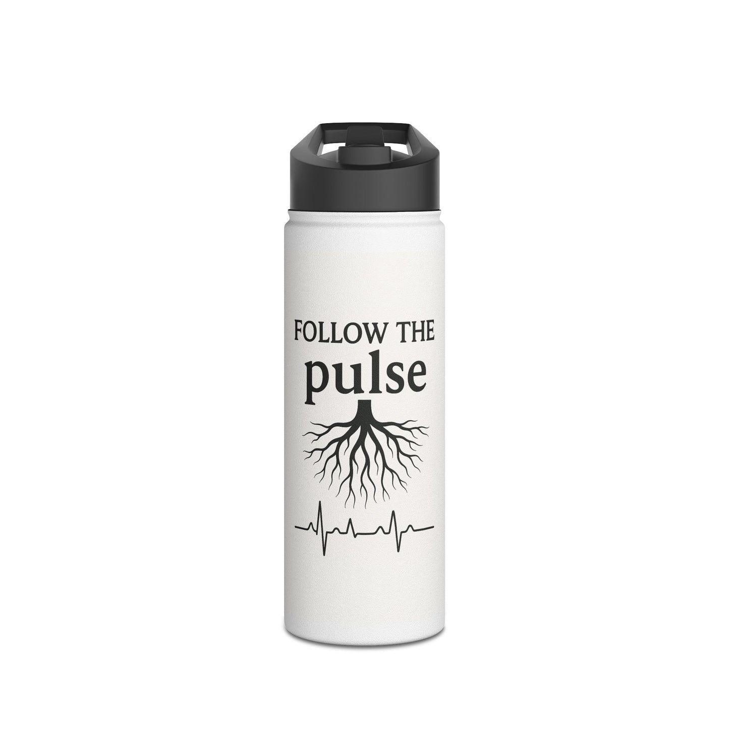 Follow the Pulse Stainless Steel Water Bottle — ECG & Tree Roots Graphic - Atlas of Imaginary Worlds