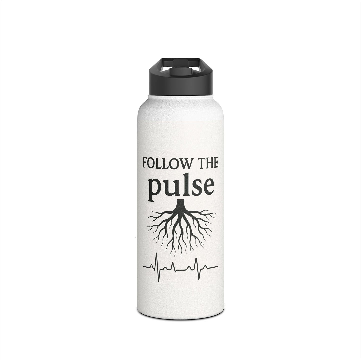 Follow the Pulse Stainless Steel Water Bottle — ECG & Tree Roots Graphic - Atlas of Imaginary Worlds