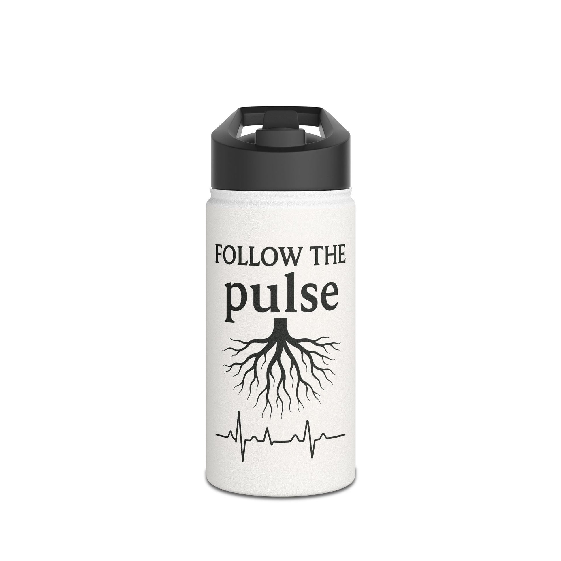 Follow the Pulse Stainless Steel Water Bottle — ECG & Tree Roots Graphic - Atlas of Imaginary Worlds