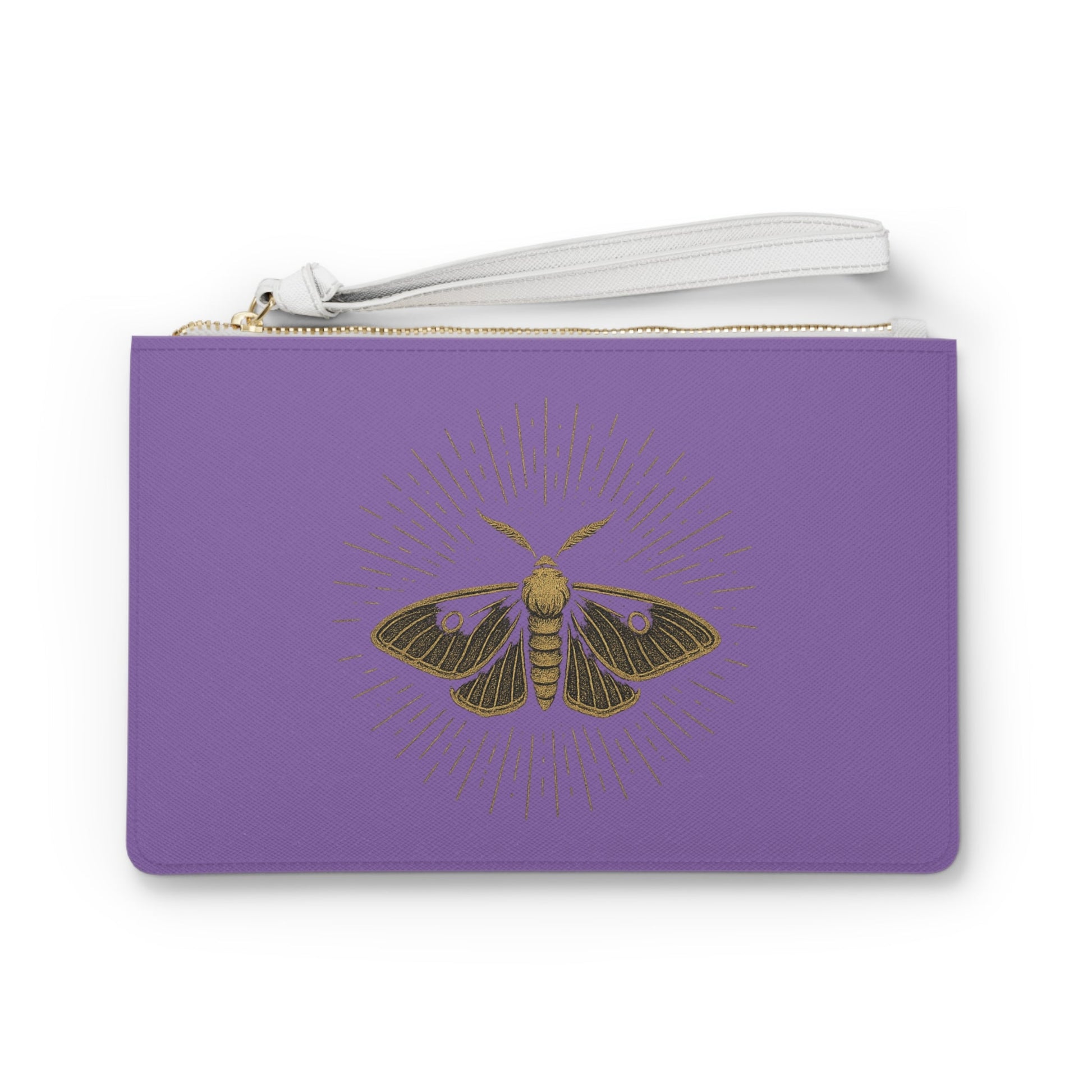 Gold Moth Wristlet Clutch — Purple Botanical Evening Bag - Atlas of Imaginary Worlds