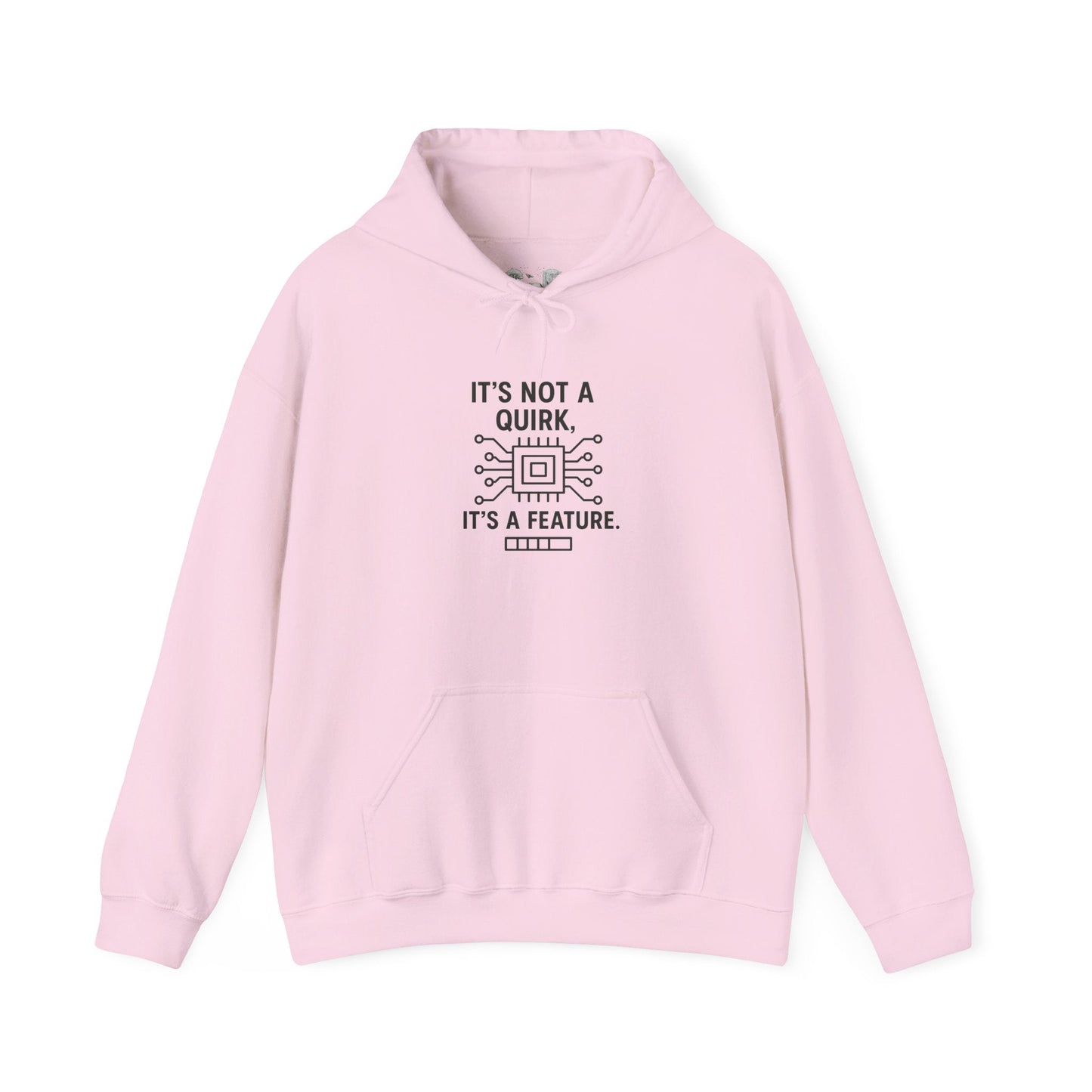 Hoodie — "It's Not a Quirk, It's a Feature" Tech Graphic Pullover - Atlas of Imaginary Worlds