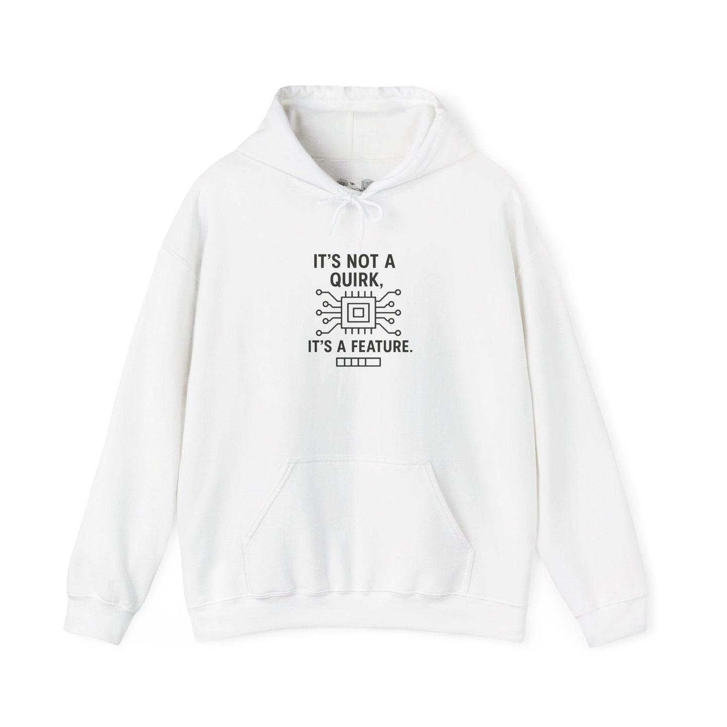 Hoodie — "It's Not a Quirk, It's a Feature" Tech Graphic Pullover - Atlas of Imaginary Worlds