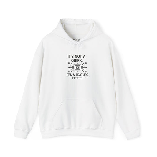Hoodie — "It's Not a Quirk, It's a Feature" Tech Graphic Pullover - Atlas of Imaginary Worlds