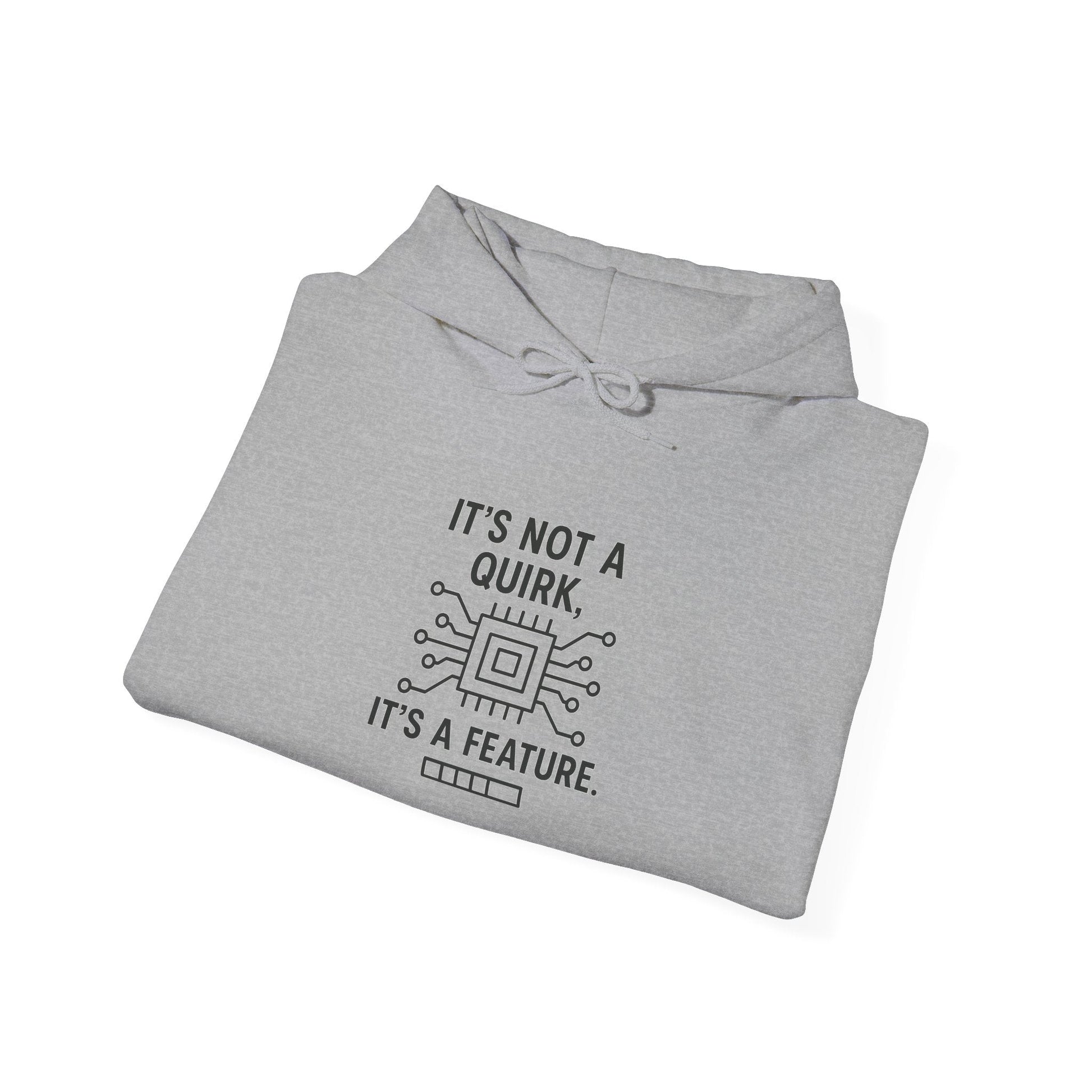 Hoodie — "It's Not a Quirk, It's a Feature" Tech Graphic Pullover - Atlas of Imaginary Worlds