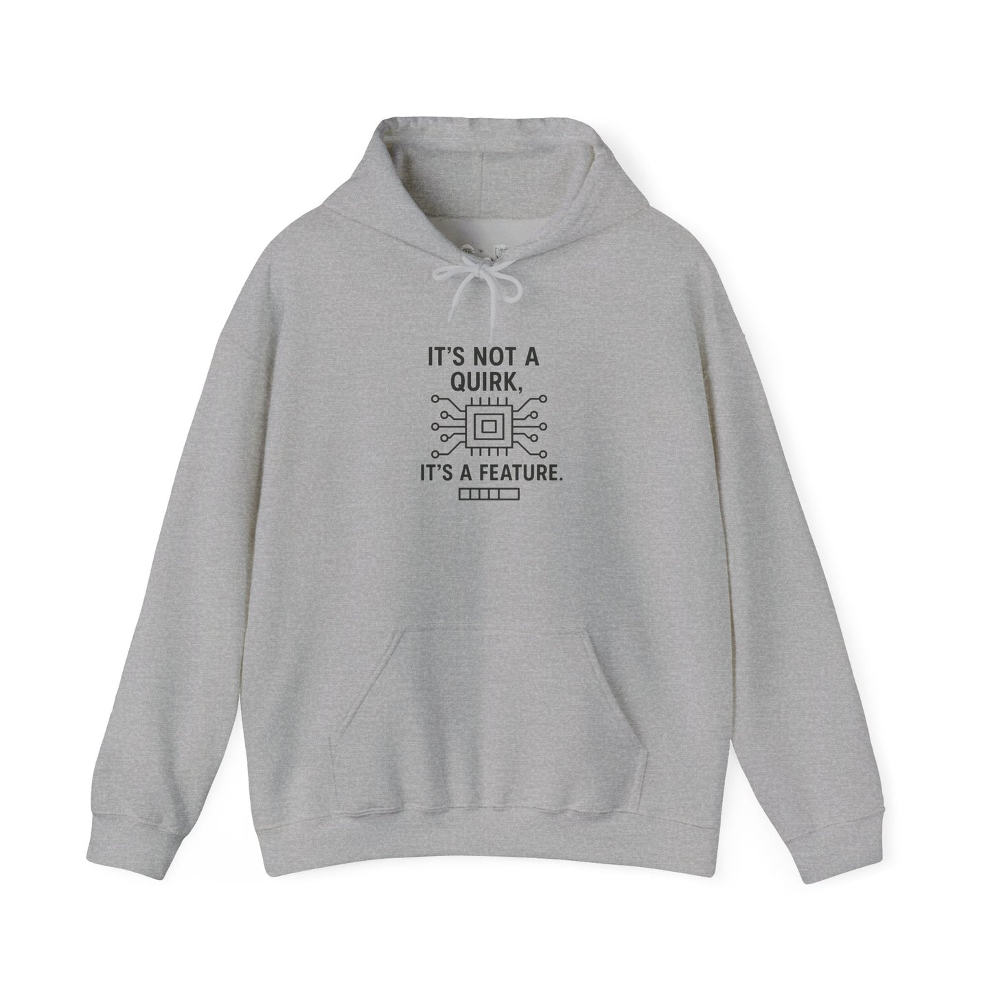 Hoodie — "It's Not a Quirk, It's a Feature" Tech Graphic Pullover - Atlas of Imaginary Worlds