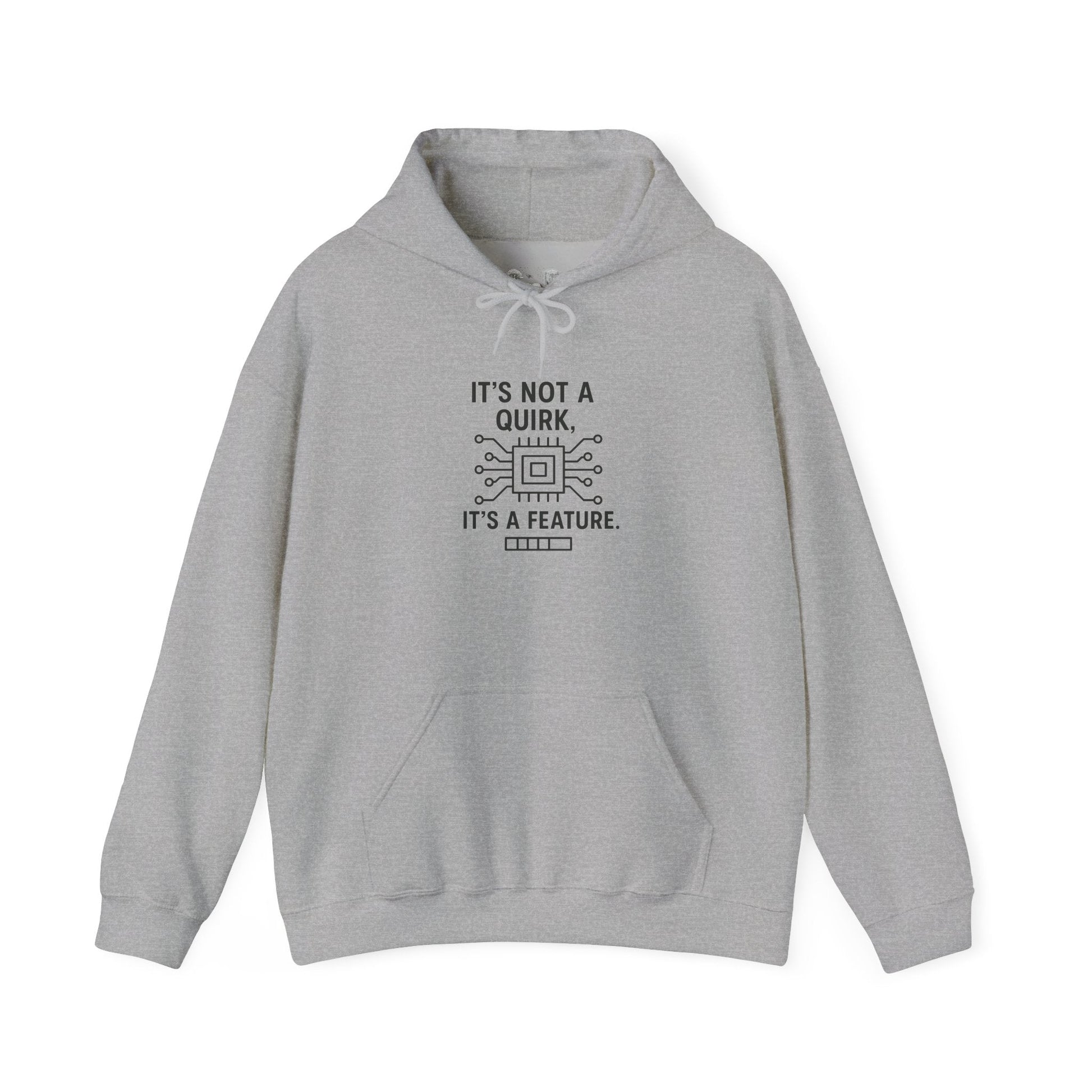 Hoodie — "It's Not a Quirk, It's a Feature" Tech Graphic Pullover - Atlas of Imaginary Worlds