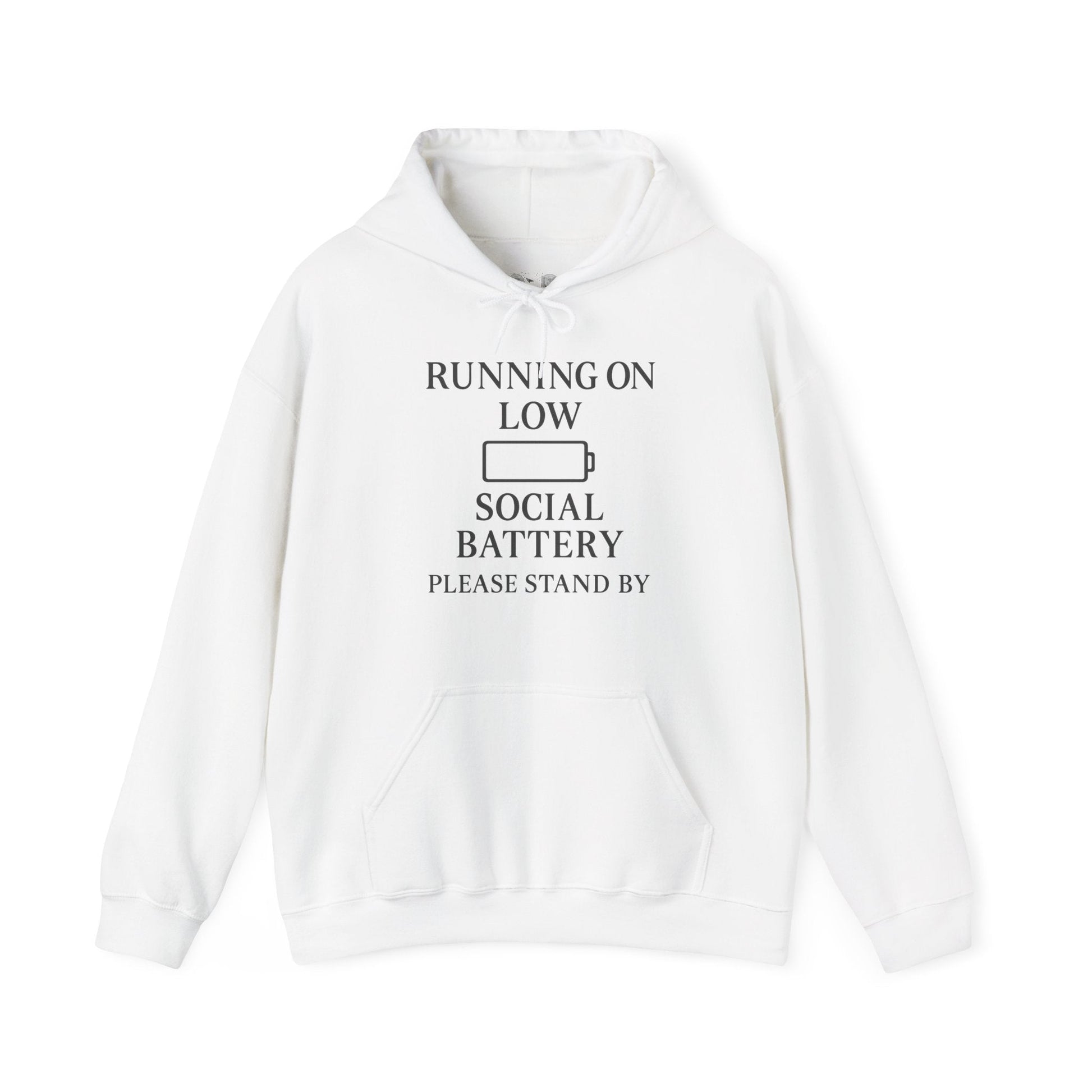 Hoodie — "Running on Low Social Battery, Please Stand By" Graphic - Atlas of Imaginary Worlds