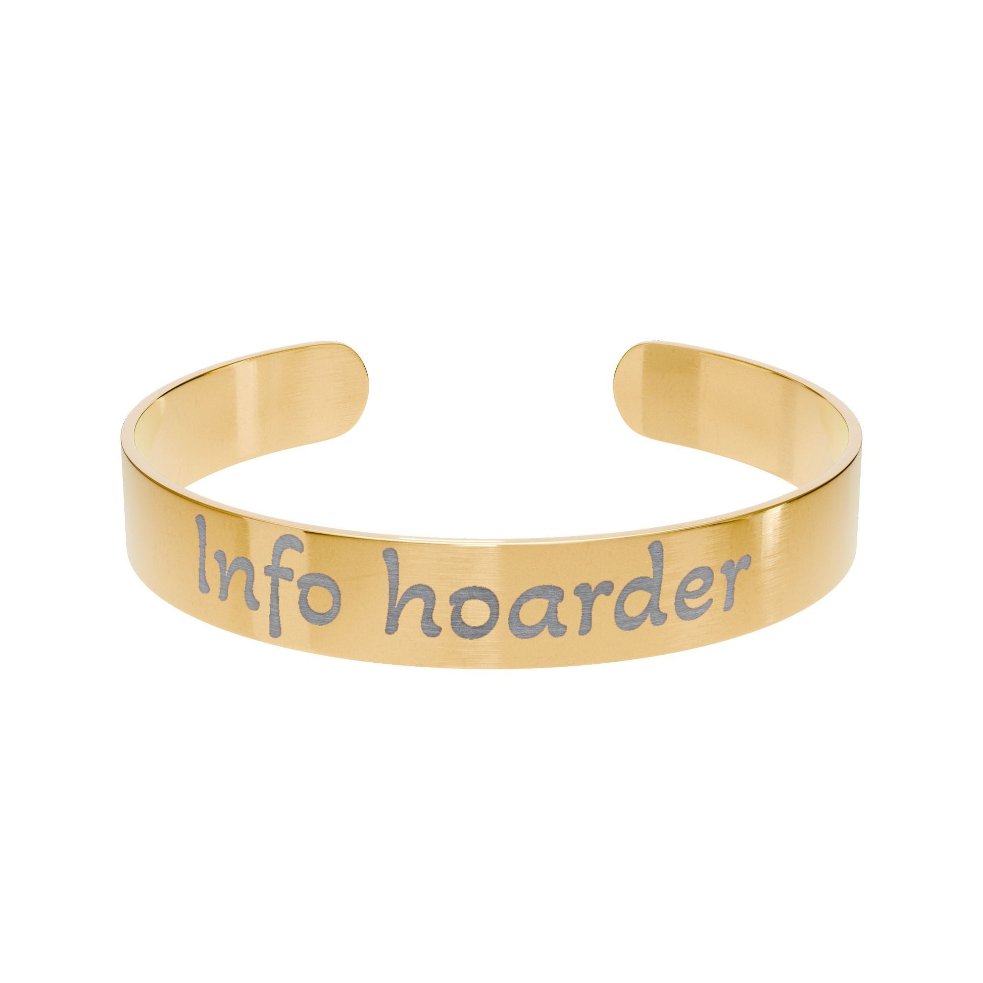 "Info Hoarder" - Gold Engraved Cuff Bracelet - Atlas of Imaginary Worlds
