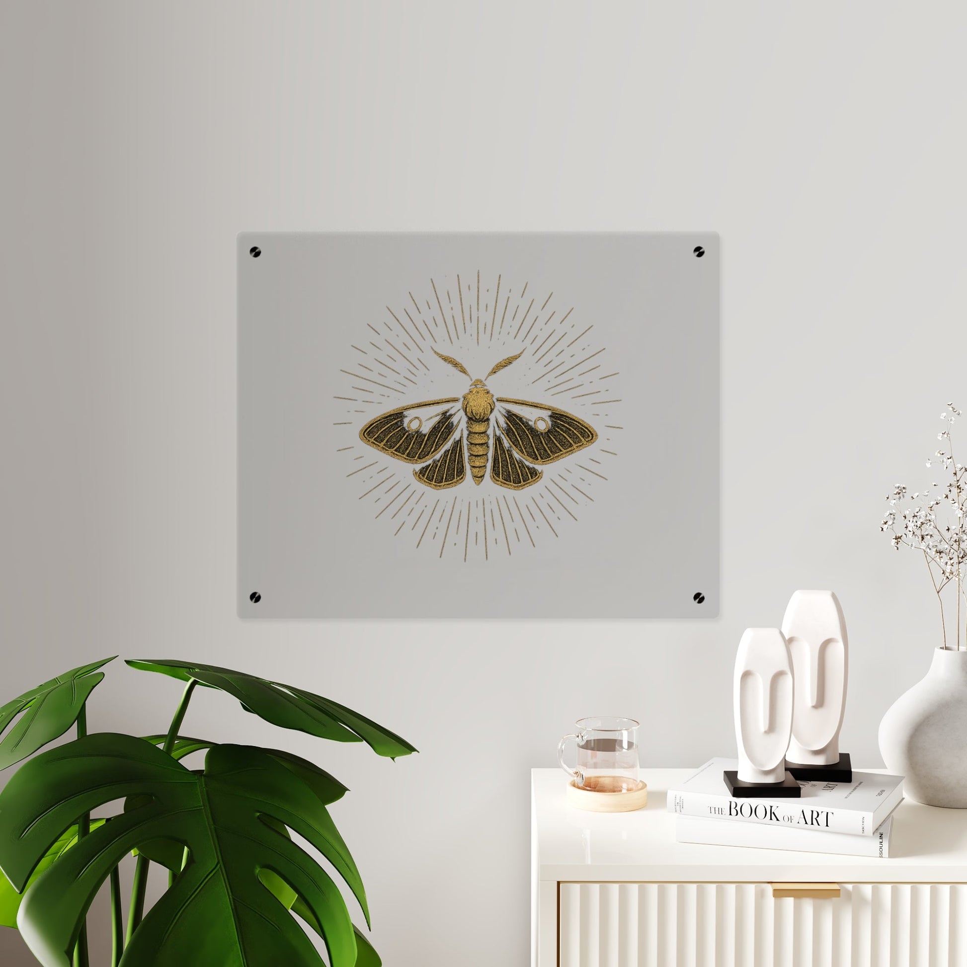 Lumen Gold Moth Acrylic Wall Art Panel — Minimalist Botanical - Inspired Home Décor - Atlas of Imaginary Worlds