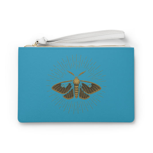 Moth Clutch Bag — Gold Moth Illustration Wristlet on Teal - Atlas of Imaginary Worlds