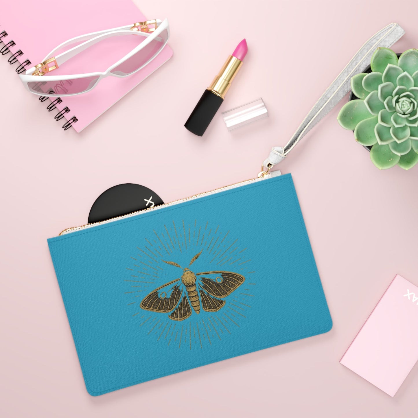 Moth Clutch Bag — Gold Moth Illustration Wristlet on Teal - Atlas of Imaginary Worlds