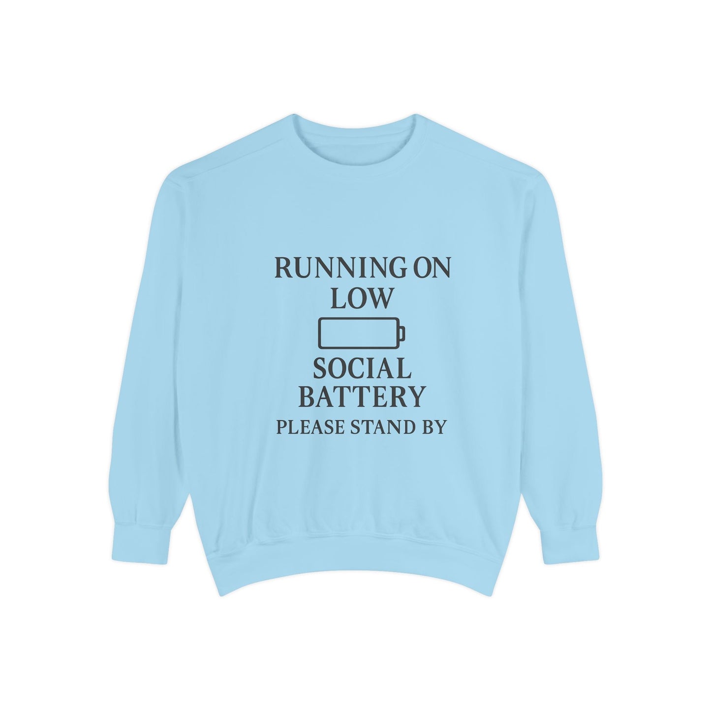 Running on Low Social Battery Sweatshirt — Funny Introvert Crewneck - Atlas of Imaginary Worlds