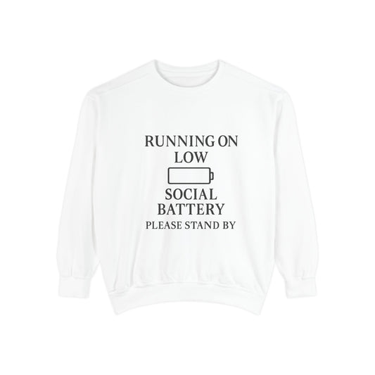 Running on Low Social Battery Sweatshirt — Funny Introvert Crewneck - Atlas of Imaginary Worlds