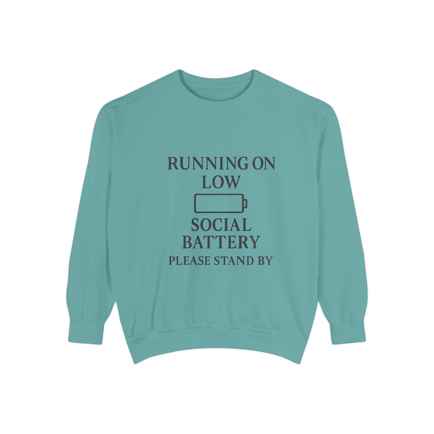 Running on Low Social Battery Sweatshirt — Funny Introvert Crewneck - Atlas of Imaginary Worlds