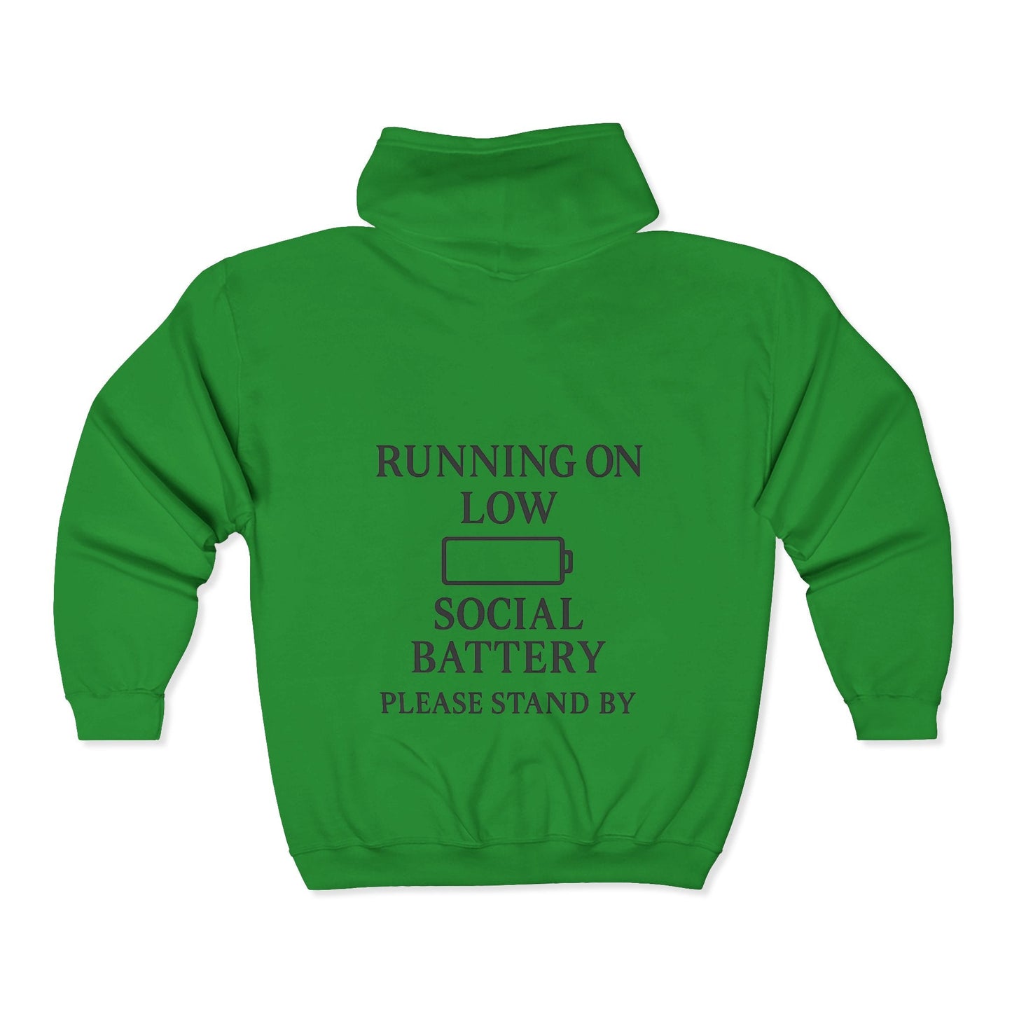 Running on Low Social Battery Zip Hoodie — “Please Stand By” Graphic Sweatshirt - Atlas of Imaginary Worlds