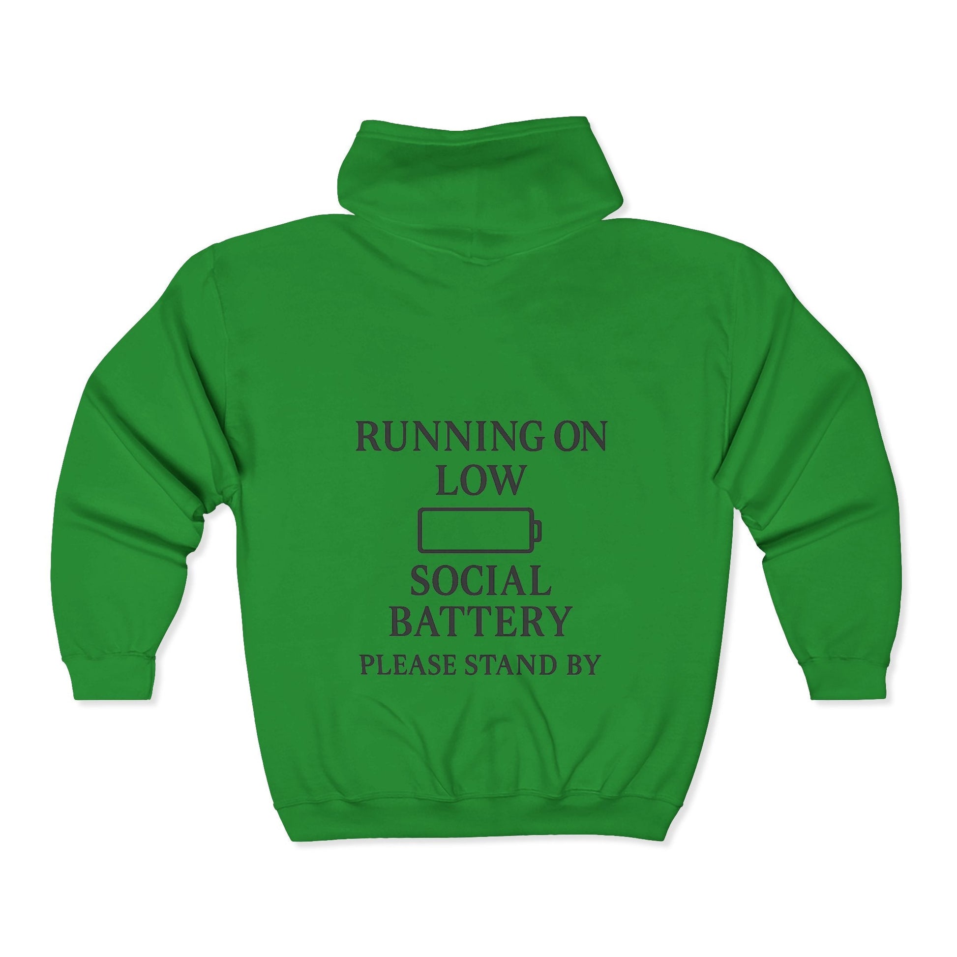 Running on Low Social Battery Zip Hoodie — “Please Stand By” Graphic Sweatshirt - Atlas of Imaginary Worlds
