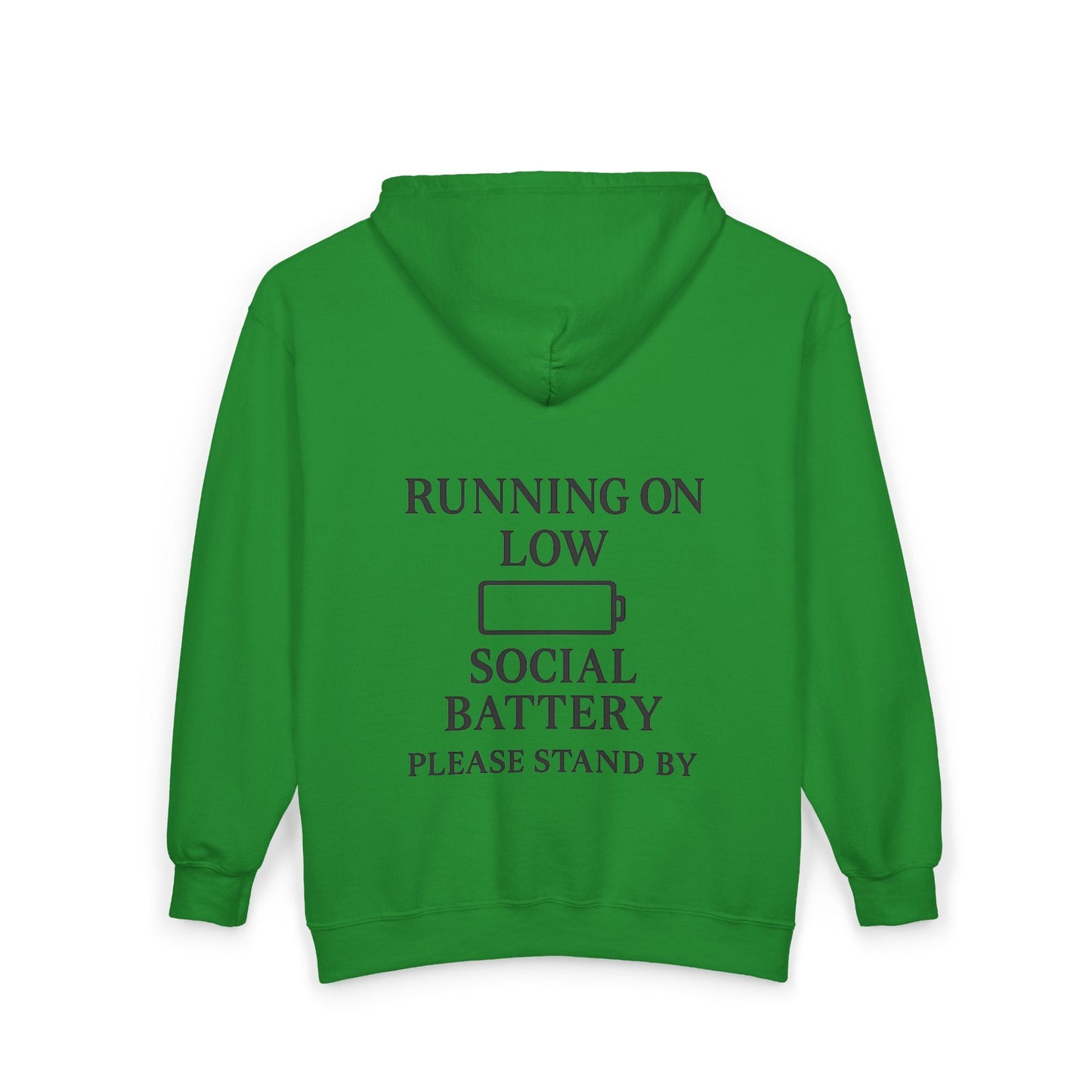 Running on Low Social Battery Zip Hoodie — “Please Stand By” Graphic Sweatshirt - Atlas of Imaginary Worlds