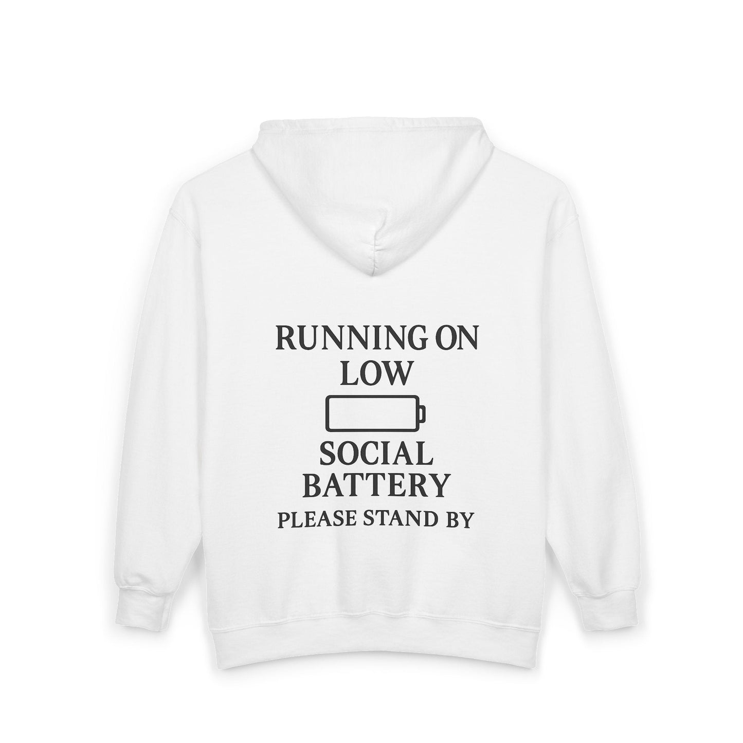 Running on Low Social Battery Zip Hoodie — “Please Stand By” Graphic Sweatshirt - Atlas of Imaginary Worlds