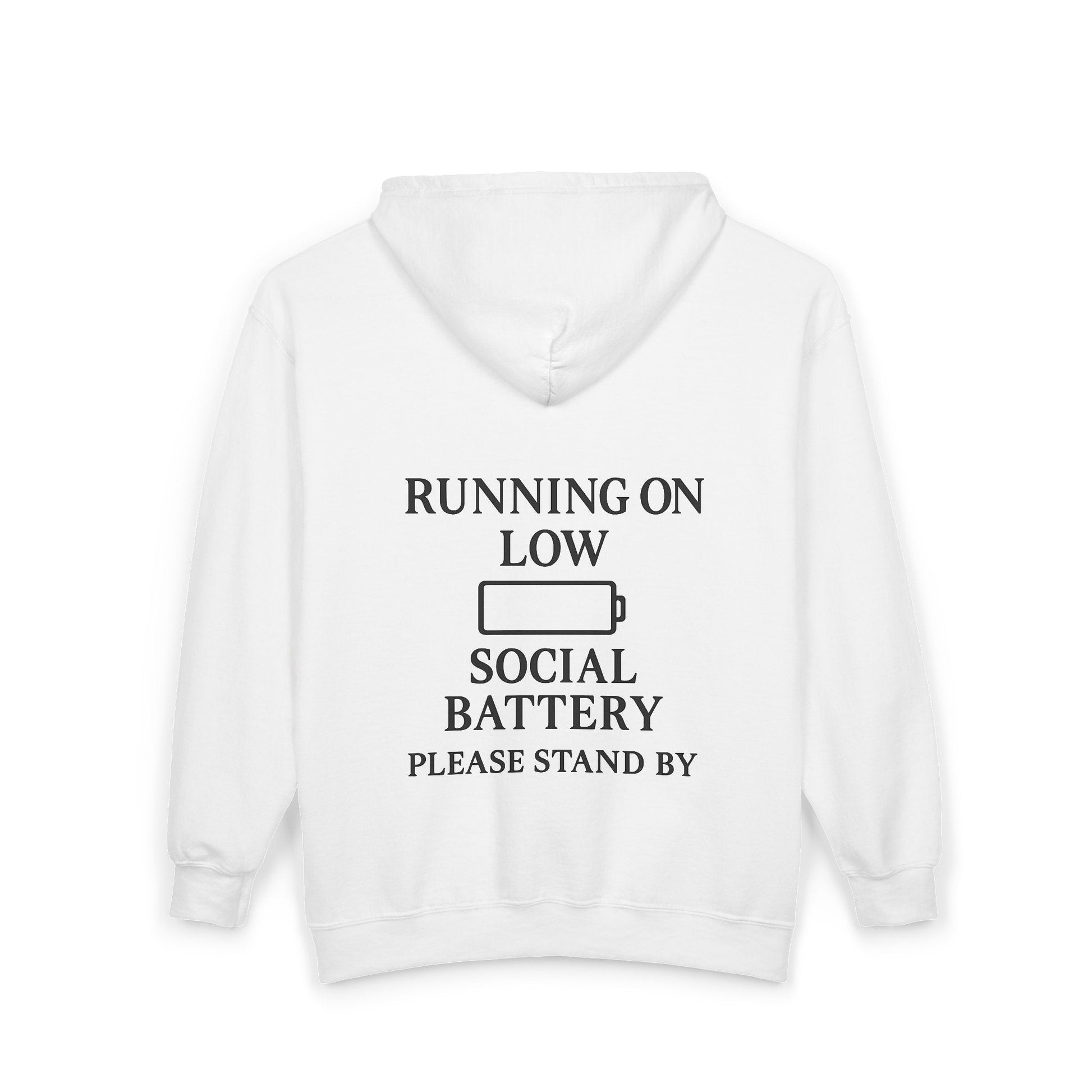 Running on Low Social Battery Zip Hoodie — “Please Stand By” Graphic Sweatshirt - Atlas of Imaginary Worlds