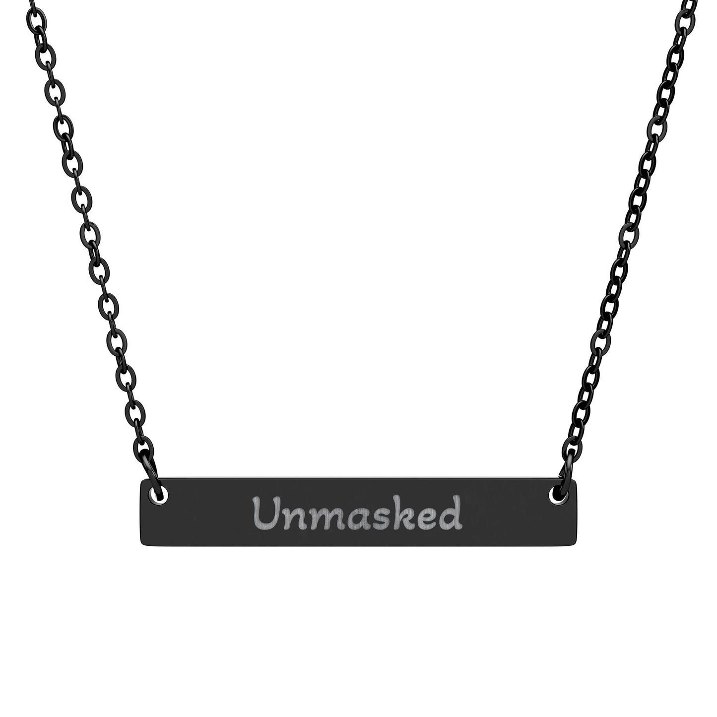 "Unmasked" - Engraved Horizontal Bar Necklace - Atlas of Imaginary Worlds