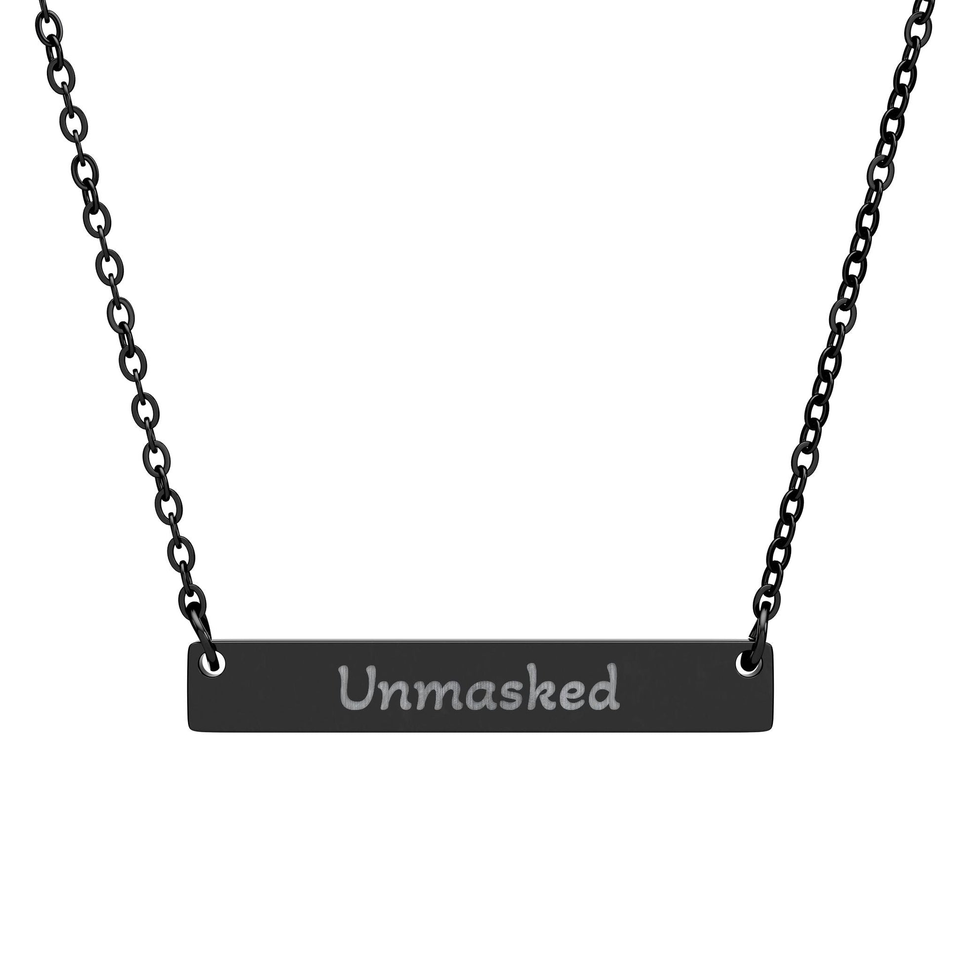 "Unmasked" - Engraved Horizontal Bar Necklace - Atlas of Imaginary Worlds