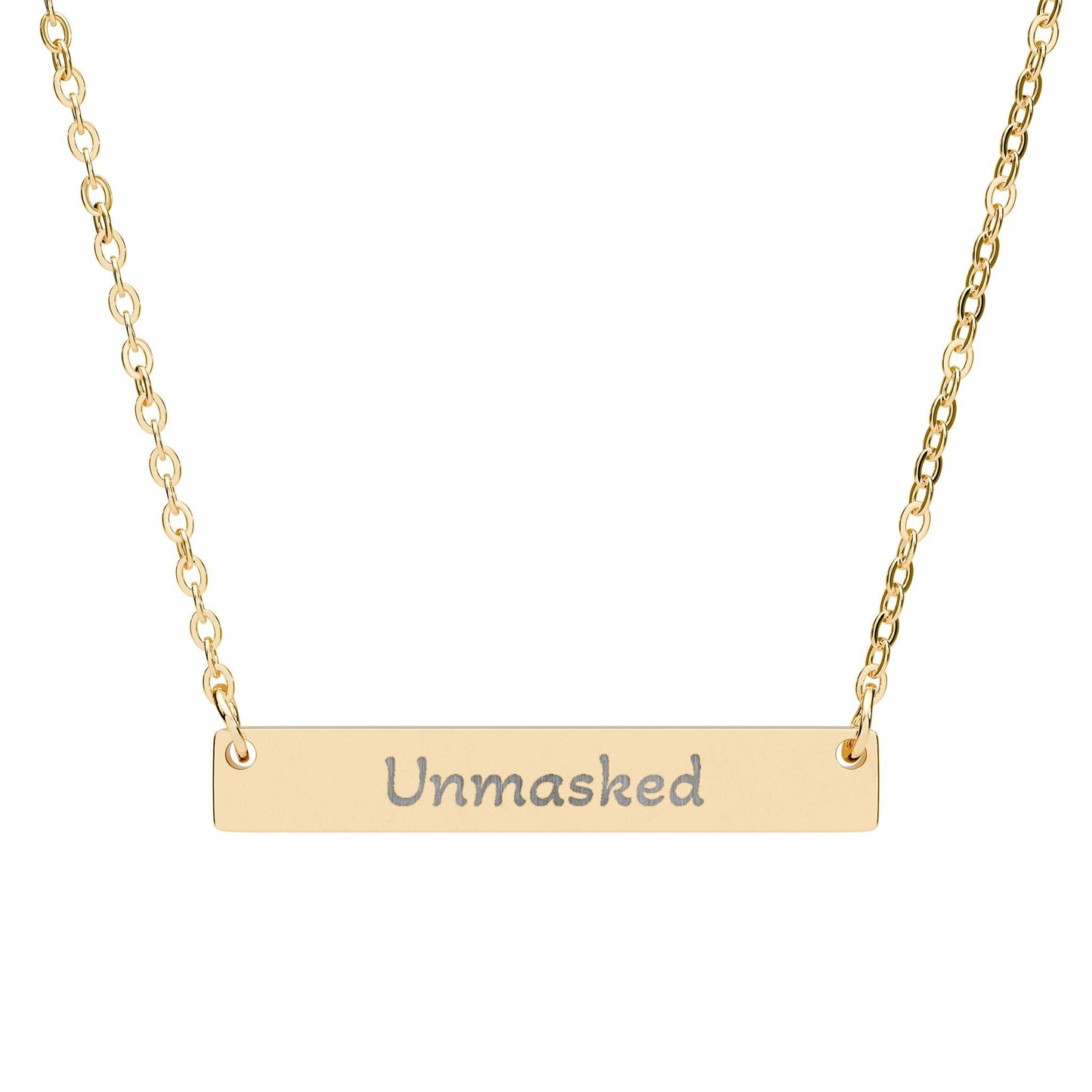 "Unmasked" - Engraved Horizontal Bar Necklace - Atlas of Imaginary Worlds